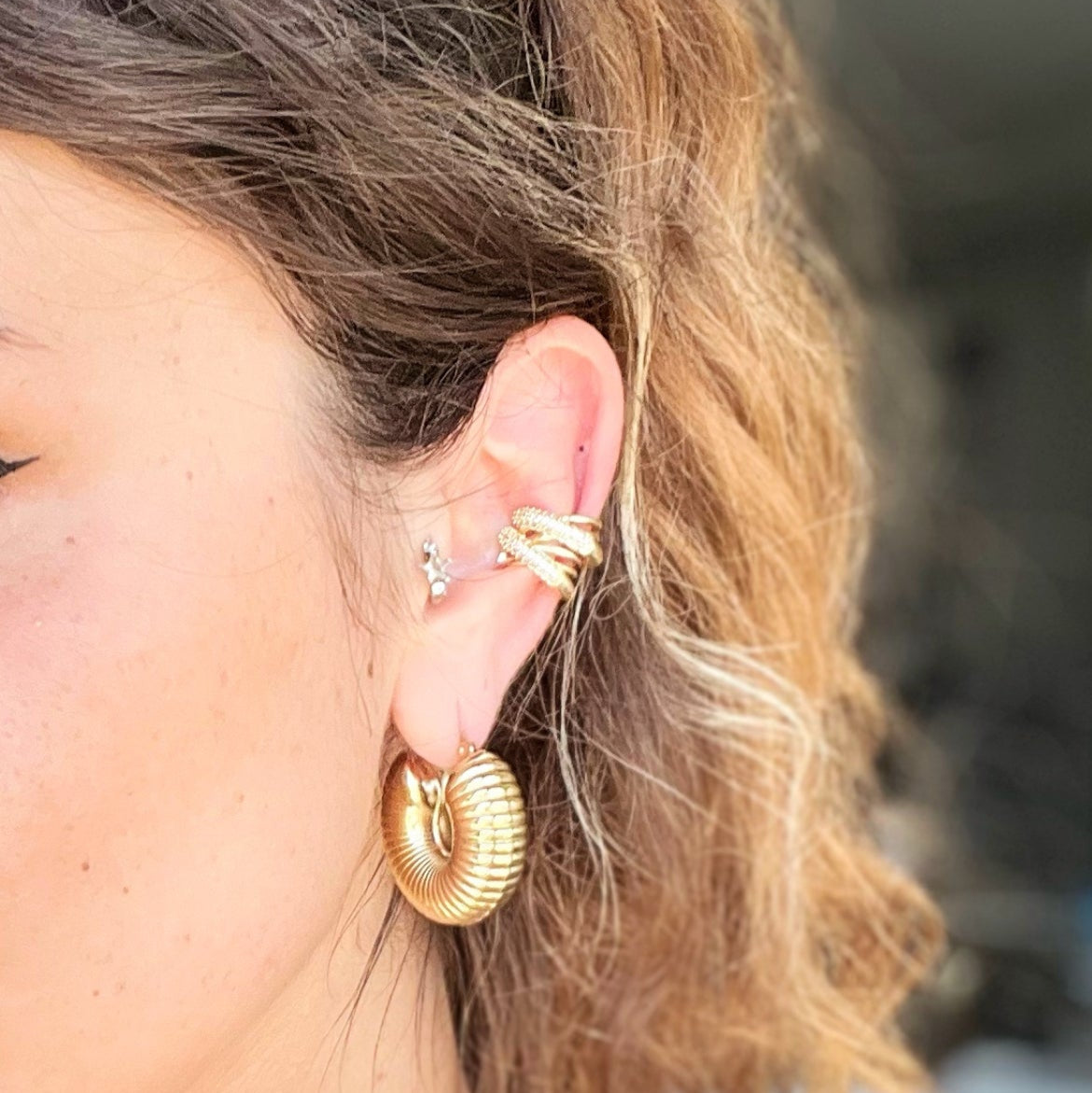 ASC Çapraz Taşlı Gold Earcuff (2 adet)