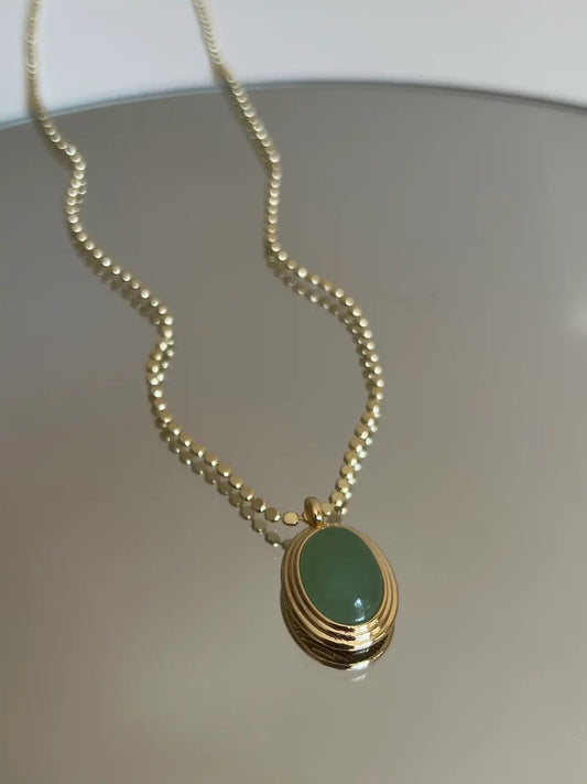 Gold Sıralı Yuvarlak Zincirli Yeşil Mineli Kolye