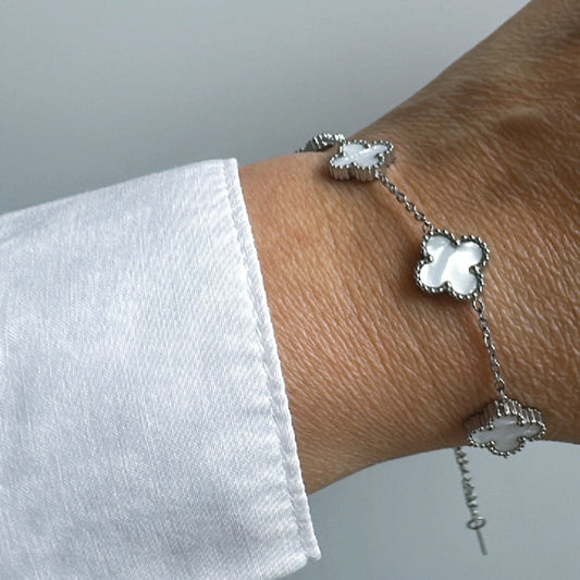 Unisex Beyaz Renk Silver Zincir Yonca Model Çelik Bileklik