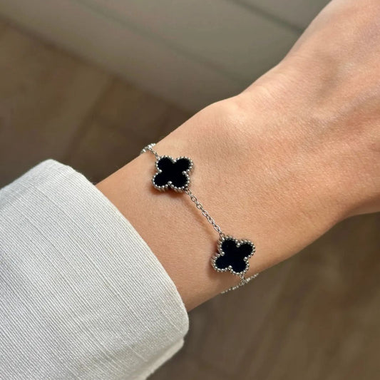 Unisex Siyah Renk Silver Zincir Yonca Model Çelik Bileklik