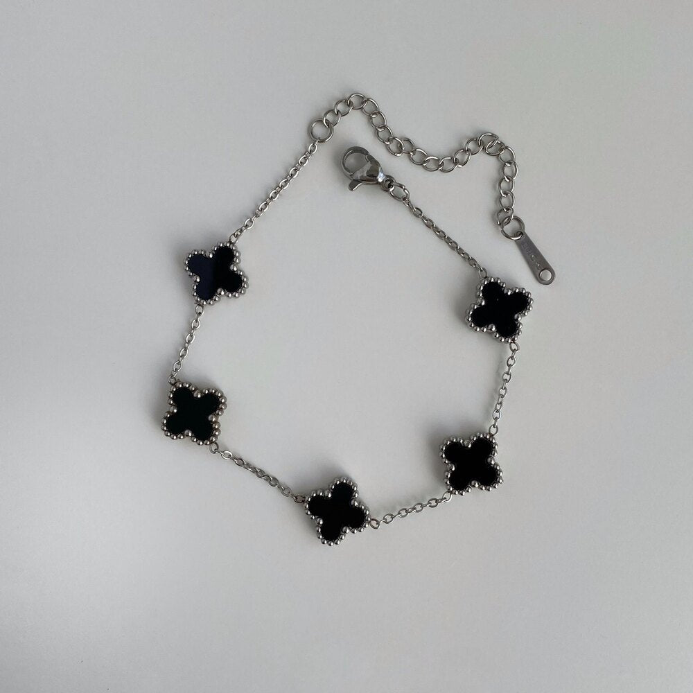 Unisex Mini Siyah Renk Silver Zincir Yonca Model Çelik Bileklik