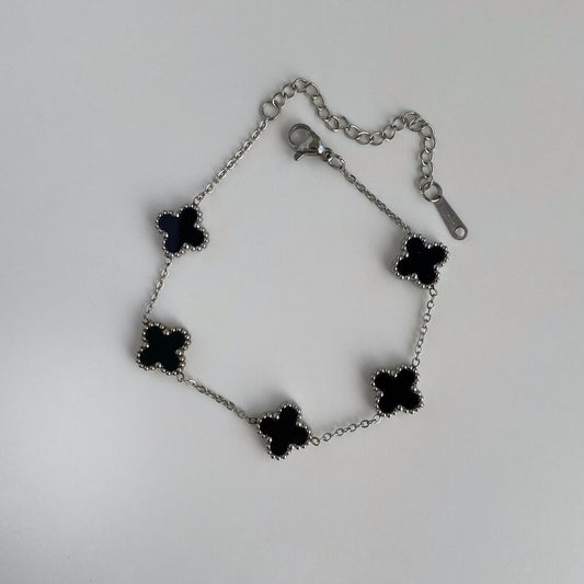 Unisex Mini Siyah Renk Silver Zincir Yonca Model Çelik Bileklik