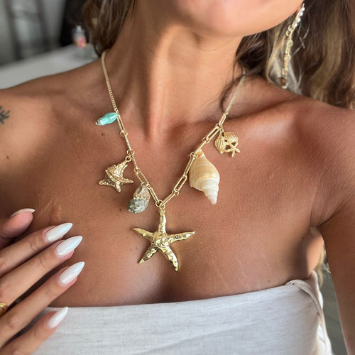 Seramik Balıklı. Deniz Yıldızı ve Kabuklu Charm Kolye