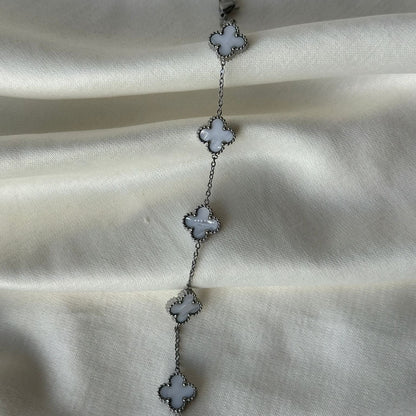 Unisex Beyaz Renk Silver Zincir Yonca Model Çelik Bileklik