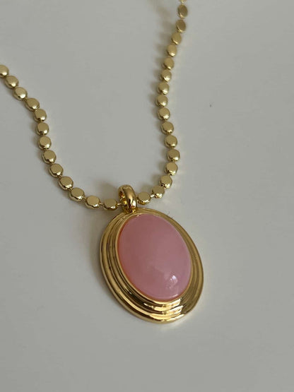 Gold Sıralı Yuvarlak Zincirli Pembe Mineli Kolye
