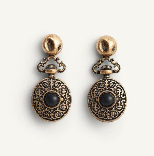 ZR Siyah Taşlı Bronz Sallantılı Vintage Küpe