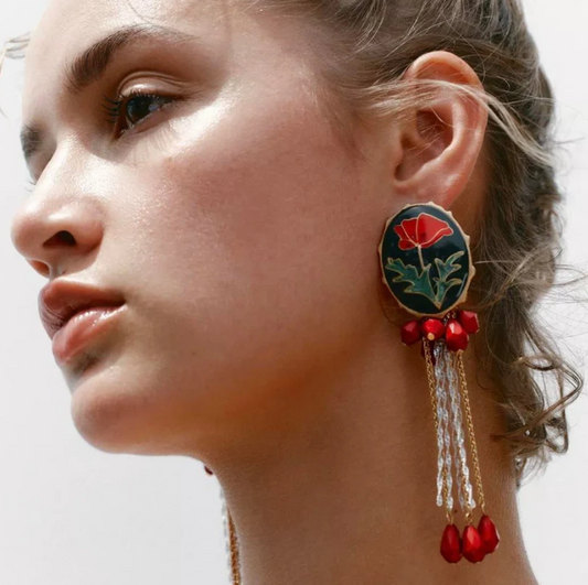 ZR Boncuk Sallantılı Mineli Çiçek Küpe