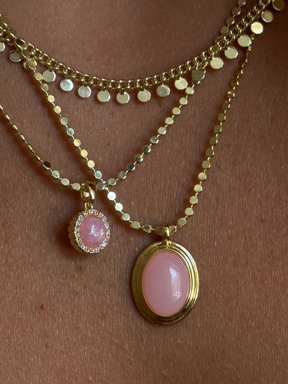 Gold Sıralı Yuvarlak Zincirli Pembe Mineli Kolye