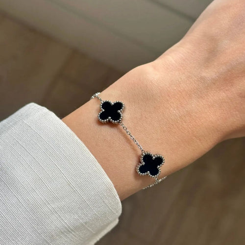 Unisex Siyah Renk Silver Zincir Yonca Model Çelik Bileklik