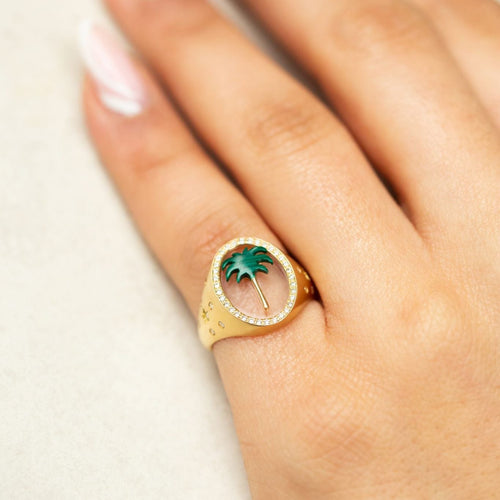 Marka Palmiye Desenli Şeffaf Gold Renk Yüzük