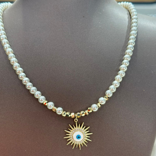 Sıralı İnci ve Güneş Göz Sallantılı Kolye