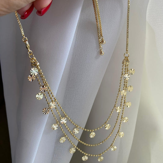 Gold Çoklu Zincir Çark Charm Detaylı Kolye