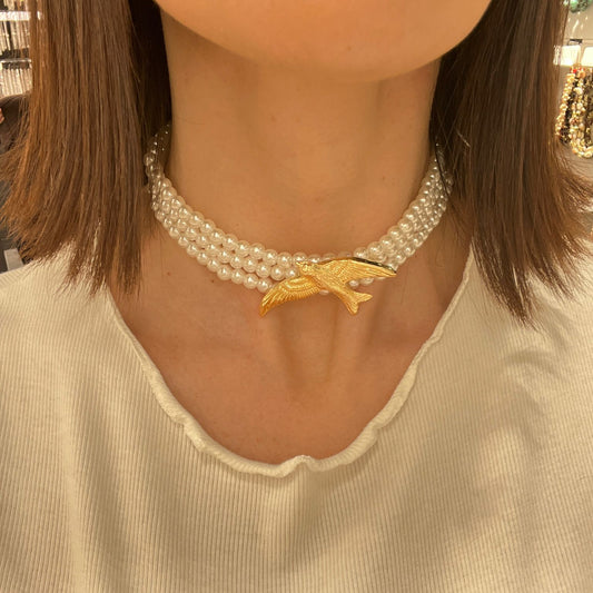 Kuş Detaylı İnci Choker & Kolye