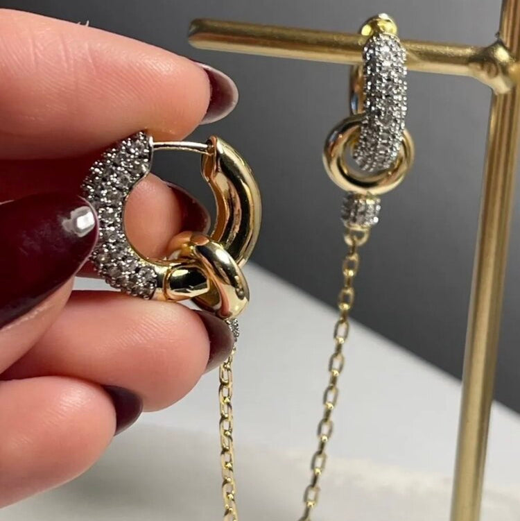 İkili Marka Model Taşlı Halka Küpe,